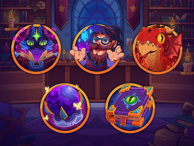 Wizard Spin: Game Icons 2d 2d game art cartoon casino dragon gambling game game art gaming gaming icons icon illustration magic magician slot slot art slot game slot machine wizard