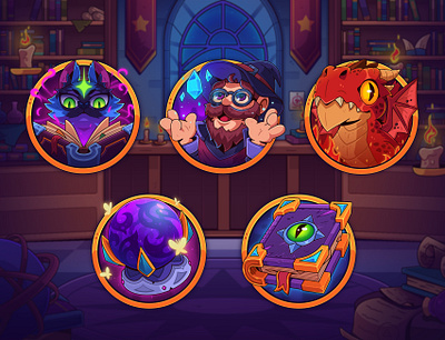 Wizard Spin: Game Icons 2d 2d game art cartoon casino dragon gambling game game art gaming gaming icons icon illustration magic magician slot slot art slot game slot machine wizard