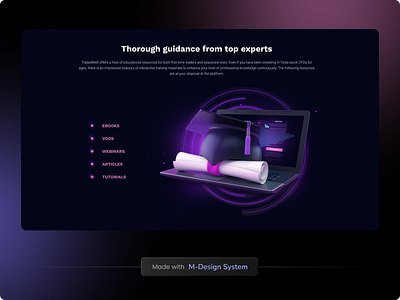 Black Landing Page | M-Design System 3d black landing black website bullet points certificate dark landing dark mode education educational features fintech graphic design landing landing page learning ui web website