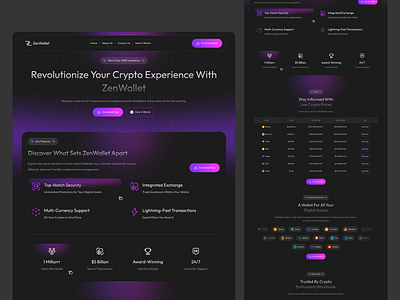 ZenWallet - Crypto App Landing Page crypto crypto wallet cryptocurrency dark mode dark mode landing page dark ui landing page ui wallet website