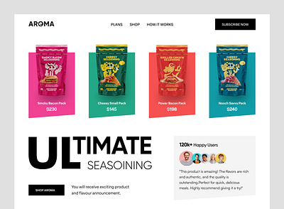 Aroma E-commerce Website chips design ecommerce flavor food header homepage landing page mockup packaging product shopify website snacks spicy ui ux web web design website website design