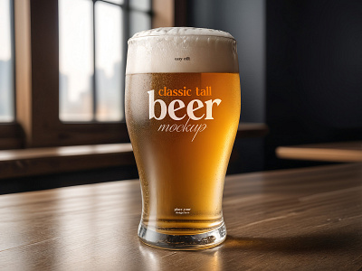 Classic Tall Beer Pint Glass alcohol alcoholic bar beer cafe craft cup drink foam free free mockup freebie glass label logo mockup pint restaurant table tall