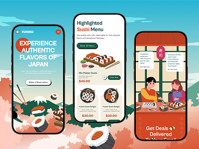 Japanese food restaurant website 2d illustration branding cuisine design food food app food delivery food landing page homepage illustration landing page mobile app responsive restaurant website sushi sushi app sushi web ui vector web app