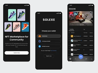 SOLEXE - NFT Marketplace Mobile App blockchain design nft sneaker ui uiux ux wallet web3