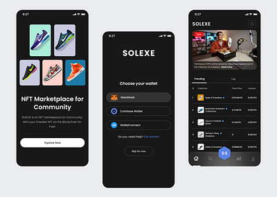 SOLEXE - NFT Marketplace Mobile App blockchain design nft sneaker ui uiux ux wallet web3