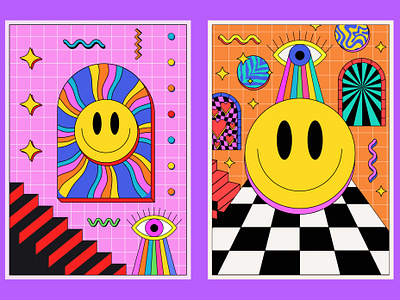 Cool Y2k Psychedelic Posters. 90s abstract art cool cover design futuristic geometric graphic design groovy illustration lsd placard poster psychedelic smile trendy trippy vaporwave y2k