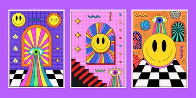 Cool Y2k Psychedelic Posters. 90s abstract art cool cover design futuristic geometric graphic design groovy illustration lsd placard poster psychedelic smile trendy trippy vaporwave y2k