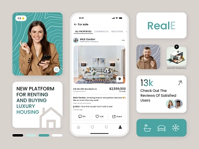 Design Elements of Mobile App | RealE agency appartment bento bento grids brand brand guidelines broker building house icons logo mobile app mobile application properties real estate realtor rental user reviews uxui visual identity