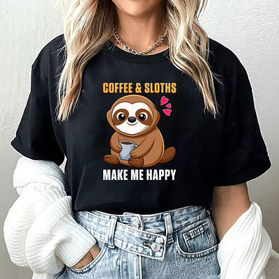 Coffee And Sloths black tshirt coffee and sloths design girl tshirt graphic design hridaydas99 illustration print on demand sloths tshirt design tshirt design