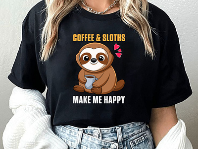 Coffee And Sloths black tshirt coffee and sloths design girl tshirt graphic design hridaydas99 illustration print on demand sloths tshirt design tshirt design