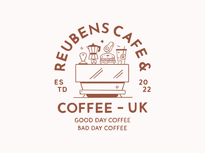 Reubens Cafe brand identity branding coffee branding coffee machine food and beverage branding hand drawn logo hand drawn type illustrative logo logo design vintage logo