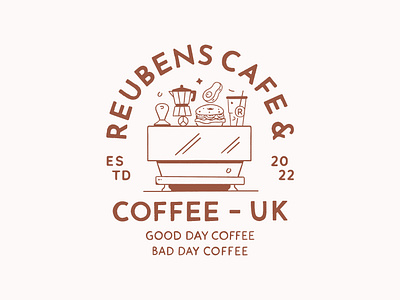 Reubens Cafe brand identity branding coffee branding coffee machine food and beverage branding hand drawn logo hand drawn type illustrative logo logo design vintage logo