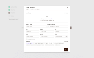 Creating Rental Property card dialogue dialogue footer dialogue header empty state guarantor hint text input field landlord leasing agent modal modal footer modal header optional property rental tag tenant ui upload