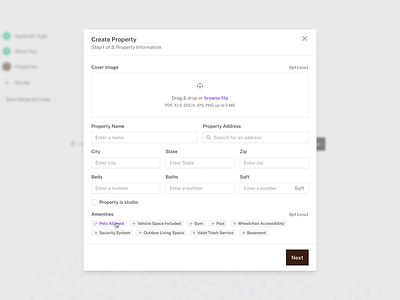 Creating Rental Property card dialogue dialogue footer dialogue header empty state guarantor hint text input field landlord leasing agent modal modal footer modal header optional property rental tag tenant ui upload
