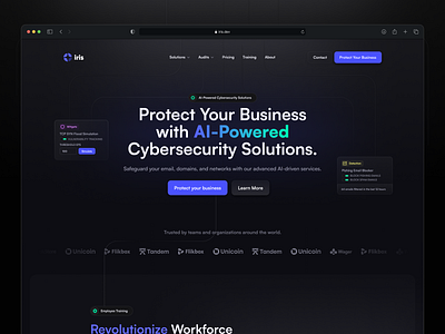 Iris - AI-Powered Cybersecurity Solutions ai clean cybersecurity dark dark daskboard dark mode website illustration minimal minimalist modern tech website ui ux website