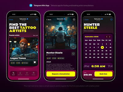 Telegram Mini App - Tattooists branding calendar dating design ios konturpasha list mini app tattoo telegram telegram mini app typography ui