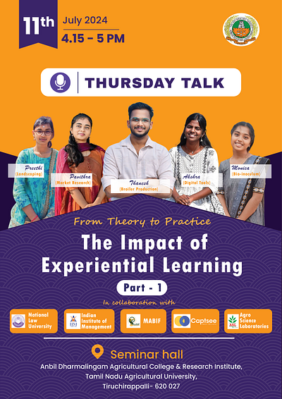 Poster- TNAU- Thursday Talk- Impact of Experiential Learning 3d adobe animation book branding coverpage design education illustration illustrator photoshop poster ui