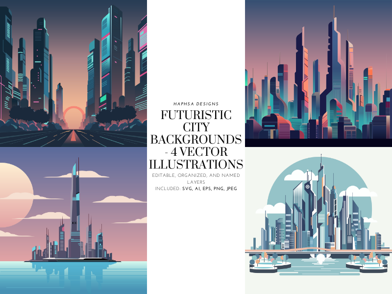 Futuristic City Backgrounds - 4 Vector Illustrations adobe architecture art backgrounds city city backgrounds design futuristic futuristic city graphic design illustration illustrator product vector art vector set