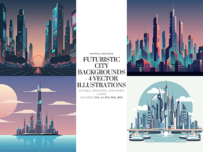 Futuristic City Backgrounds - 4 Vector Illustrations adobe architecture art backgrounds city city backgrounds design futuristic futuristic city graphic design illustration illustrator product vector art vector set