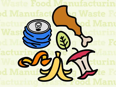 Food Manufacturing Waste apple apple core banana banana peel bones chicken bone coke can colorful design food graphic design icon illustration manufacturing orange orange peel soda can trash vector waste