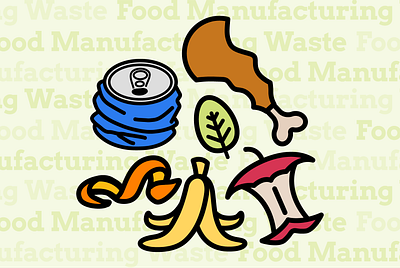 Food Manufacturing Waste apple apple core banana banana peel bones chicken bone coke can colorful design food graphic design icon illustration manufacturing orange orange peel soda can trash vector waste