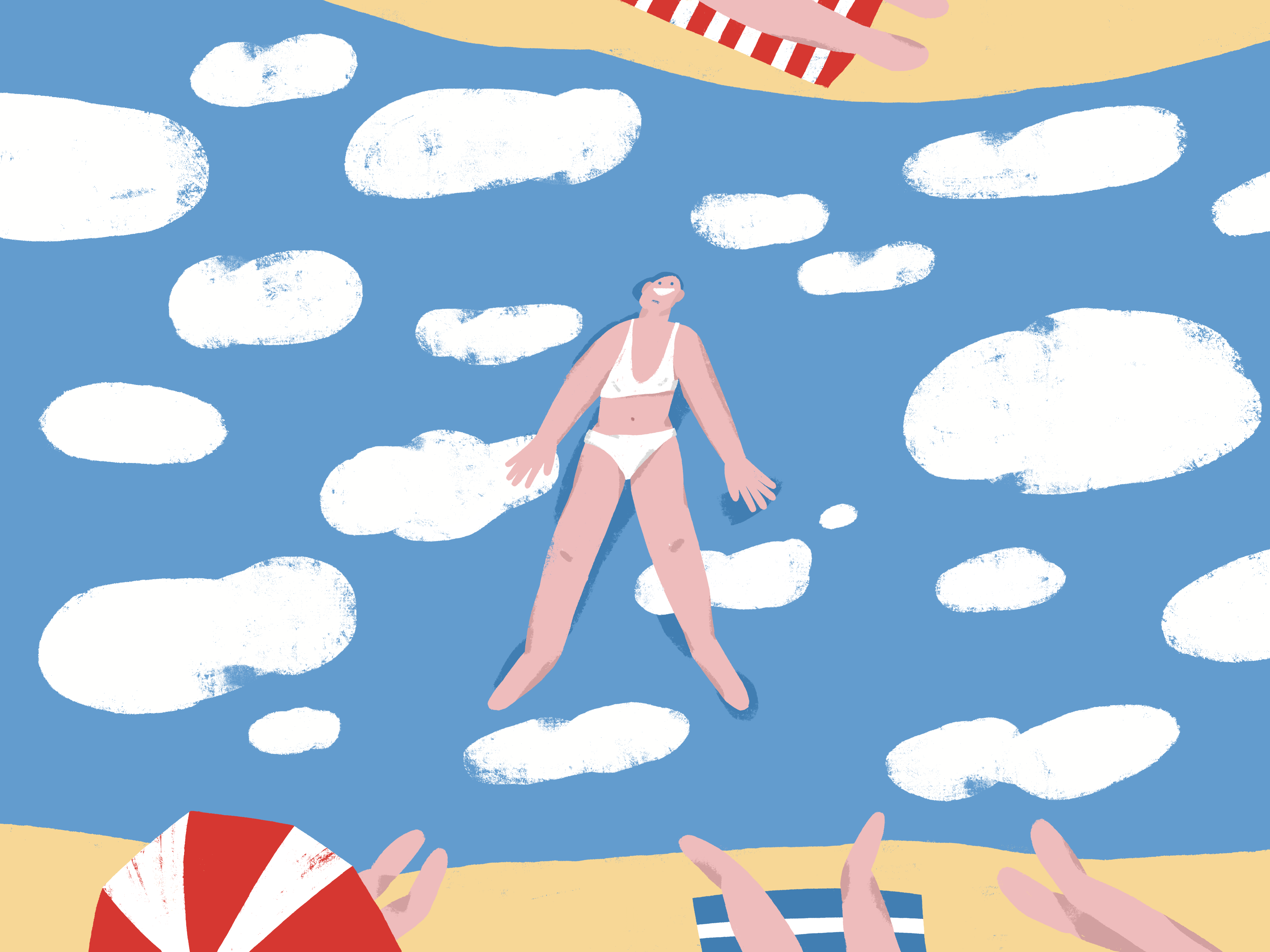 Swimming in the sky beach character character design editorial girl heat hot illustration procreate summer woman