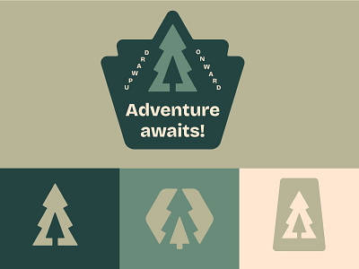 MGC 143: Adventure Awaits adventure badge badge design branding cream design green iconography illustration lock up logo middle ground mikey hayes outdoors pine tree typography ui