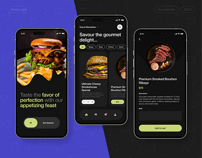 Restaurant App UI app black ui burger dark dark mode delivery design food green home mobile mobile app order reservation restaurant splash ui ui design ui ux