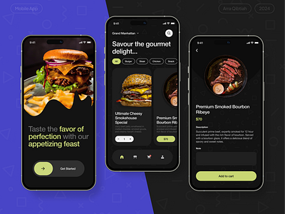 Restaurant App UI app black ui burger dark dark mode delivery design food green home mobile mobile app order reservation restaurant splash ui ui design ui ux