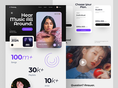 Melody - Music Platform Landing Page apple music design figma graphic design landing page melody minimal music music design music label music platform music streaming radio songs sound spotify streaming ui uiux website