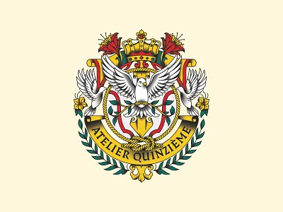 Atelier Quinzième: Crest Logo badges bird branding coat of arms crest crown flower geometric graphic design illustration line lineart logo logo design luxury minimal monoline oldschool symbol tattoo