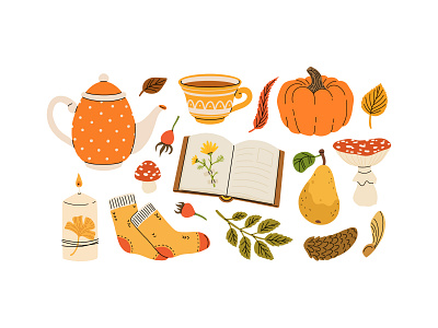 Cozy autumn set 2 autumn book cartoon collection concept cozy design flat illustration mushroom pumpkin set tea vector warm