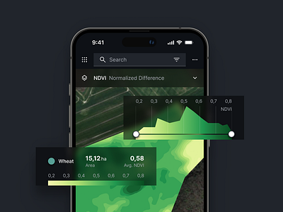 NDVI Index on Mobile app chart dark data dataviz design digital explore explorer ios iphone map mobile ndvi ui ui design uiux ux viz vizualisation