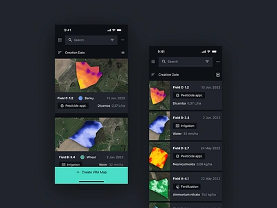 VRA Maps on Mobile agriculture app apple card dark design digital farming ios list map maps mobile smart theme thumbnail ui ui design uiux ux