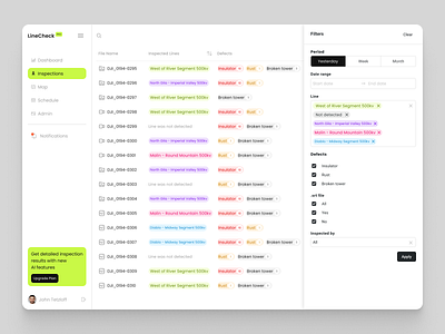 Filters for Inspection page for Powerline Monitoring System bright dashboard light monitoring power line table table design ux uxdesign web design