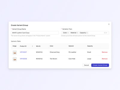 Rejected Idea: Variant Group concept b2b saas table variant group variants