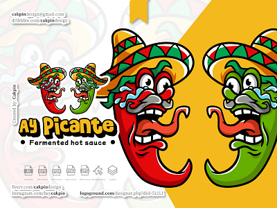 Chilli Cartoon Mascot Logo : Ay Picante branding cartoon chilli food food logo hat illustration logo mascot mexican paprika restaurant sombrero