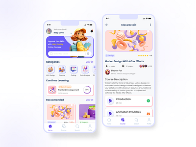 E-learning Mobile App 3d affter effects application course app e learning figma illustration learning app mobile app mobile design ui uiux