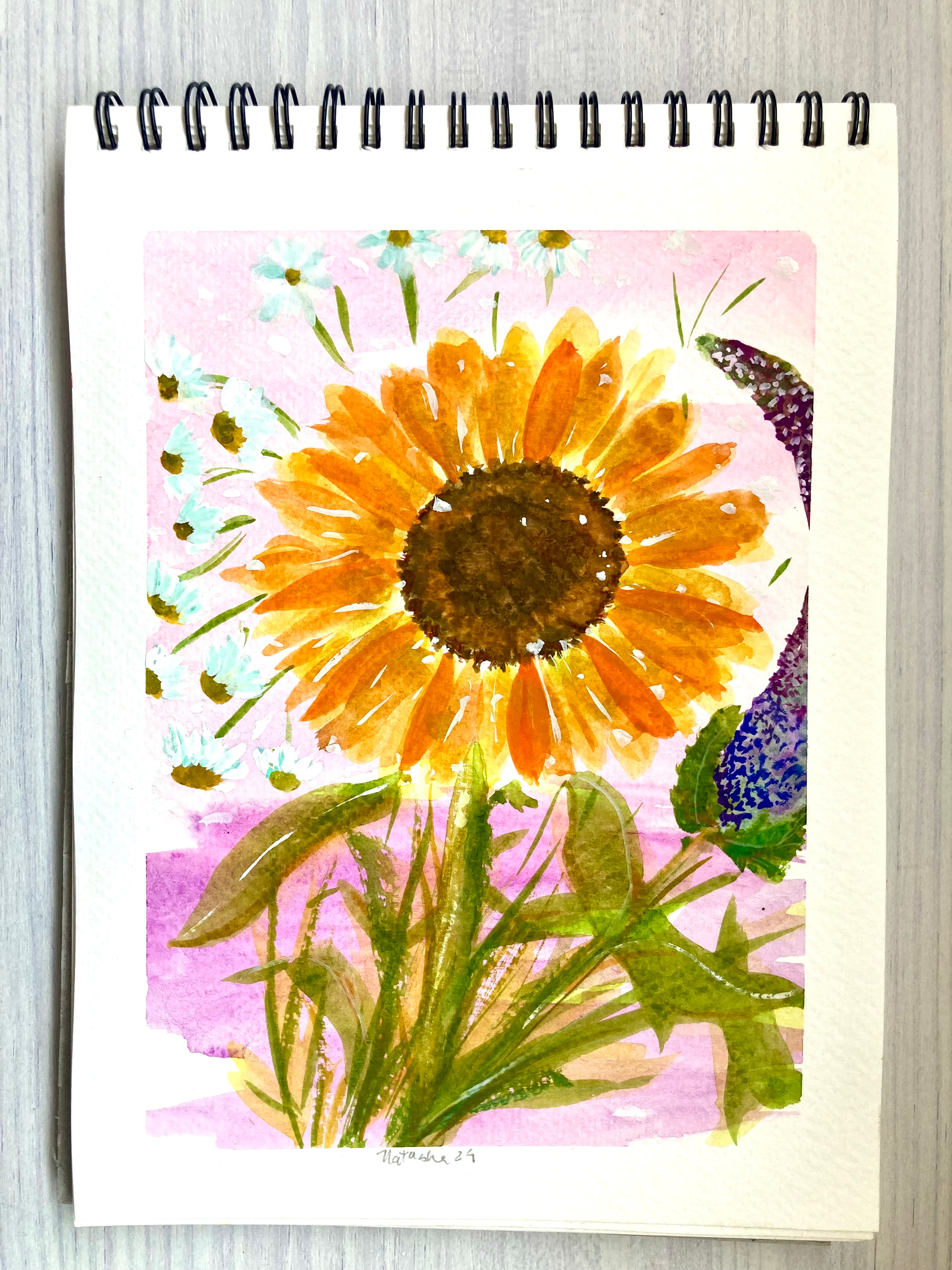 Feeling like a sunflower🌻 art contemplation daisies daisy flowers gouache green illustration natasha gonzalez orange pink poetic purple sketchbook summer sunflower traditional artist violet watercolour yelllow