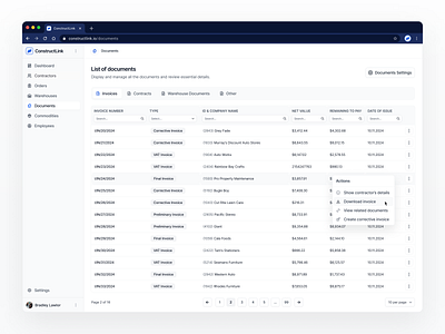 ConstructLink, ERP System - Documents Module app dashboard design erp product design system ui