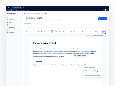 ConstructLink, ERP System - Document Template Creation app design document erp product design system ui ux
