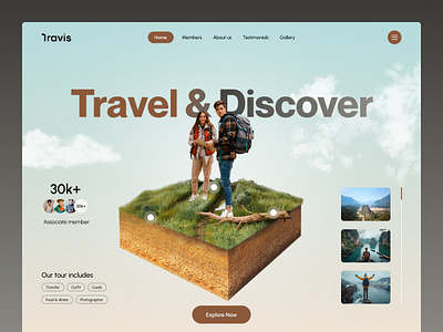 Landing Page Exploration - Travel Web Page branding design destination hero section illustration interface landing page product design startup tourism travel traveling traveling app ui ux web web page webdesign website