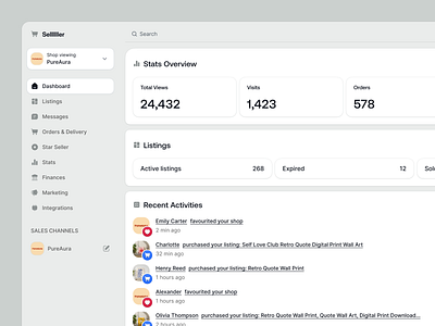 Seller dashboard activities bought buy clean clean ui dashboard design finance irakli lolashvili liked listings marketing minimalistic orders overveiw seller shop stats ui