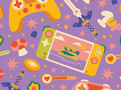 Gaming Pattern children colorful cute fun gamer gaming geek illustration magical mario merchandise nintendo pattern seamless vector zelda