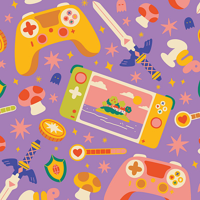 Gaming Pattern children colorful cute fun gamer gaming geek illustration magical mario merchandise nintendo pattern seamless vector zelda