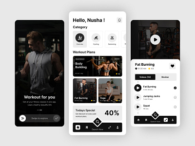 Fitness & Workout Mobile App 2024 trend activity app ui body fitness clean app diet plan exercise figma fitness app flat design knehad24 minimal mobile app popular schedule training ui design weight workout yoga