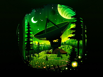 Satellite Dish antenna circle dish forest green illustration landscape madewithsketch moon nature negative night proart prokopenko satellite tree