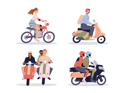 People on motorcycles and scooters art character design design drawing driver flat illustration flat style graphic design illustration vector