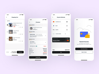 Checkout Process Design for an E-commerce App app black blue branding chekout design ecommerce graphic design illustration logo mobile process purple ui uiux design user experience user interface ux white