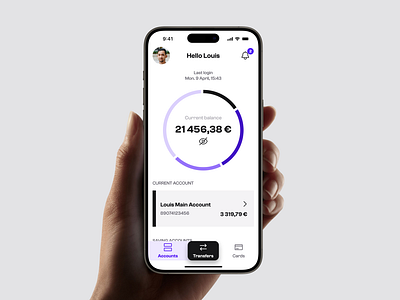 Account Overview account app balance chart data design digital fintech hand hold ios iphone mobile money pie transfer ui ui design uiux ux